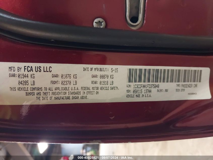 2015 Dodge Dart Se VIN: 1C3CDFAA1FD375848 Lot: 40025821