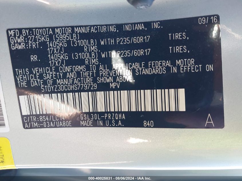 VIN 5TDYZ3DC0HS779729 2017 Toyota Sienna, Xle 8 Pas... no.9