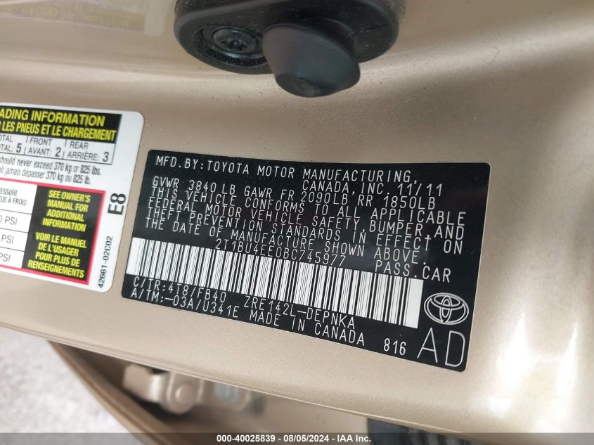 2011 Toyota Corolla S/Le VIN: 2T1BU4EE0BC745977 Lot: 40025839