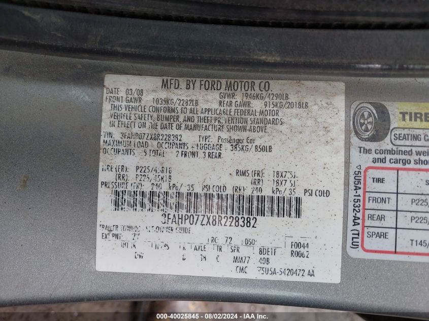 2008 Ford Fusion Se VIN: 3FAHP07ZX8R228382 Lot: 40025845
