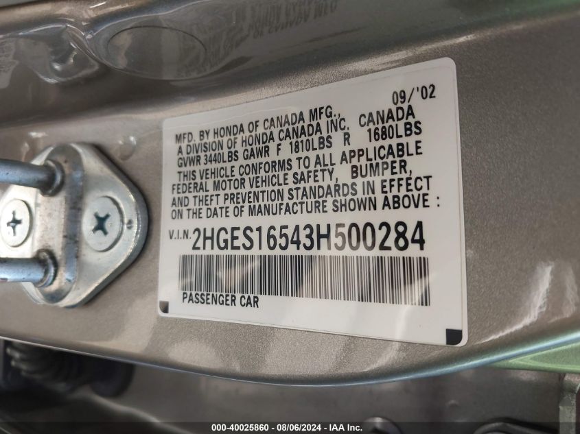 2003 Honda Civic Lx VIN: 2HGES16543H500284 Lot: 40025860