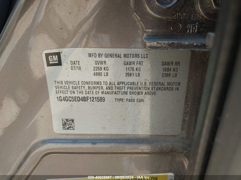 2011 Buick Lacrosse Cxl VIN: 1G4GC5ED4BF121589 Lot: 40025887