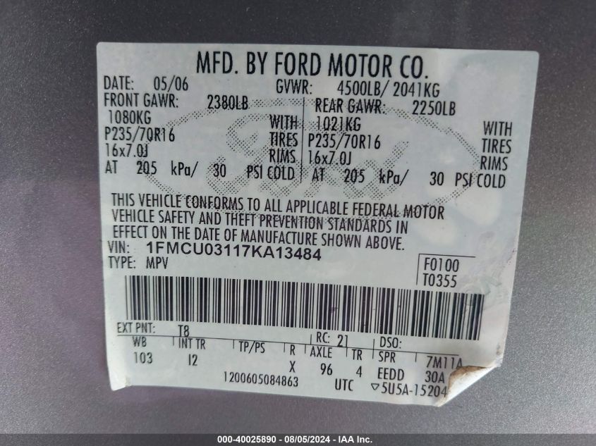 2007 Ford Escape Xlt/Xlt Sport VIN: 1FMCU03117KA13484 Lot: 40025890