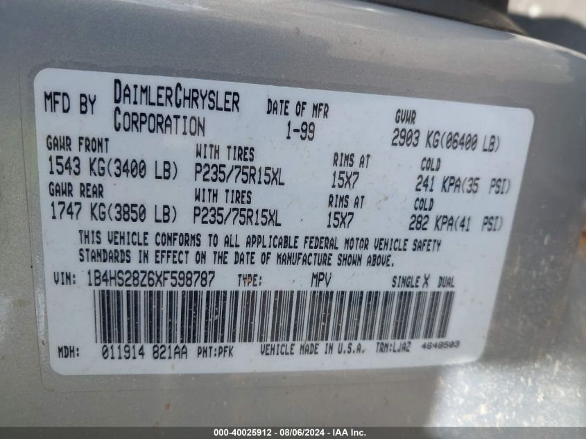 1999 Dodge Durango VIN: 1B4HS28Z6XF598787 Lot: 40025912