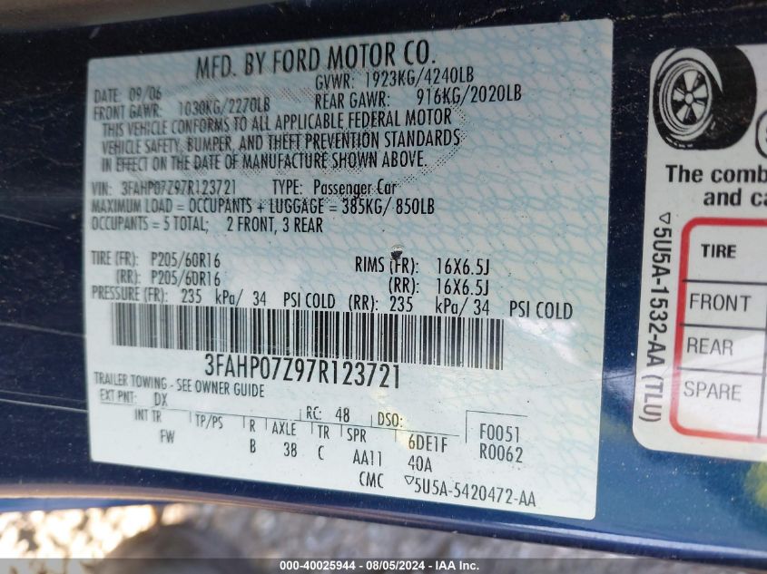 2007 Ford Fusion Se VIN: 3FAHP07Z97R123721 Lot: 40025944