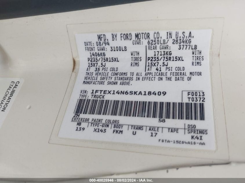 1995 Ford F150 VIN: 1FTEX14N6SKA18409 Lot: 40025946