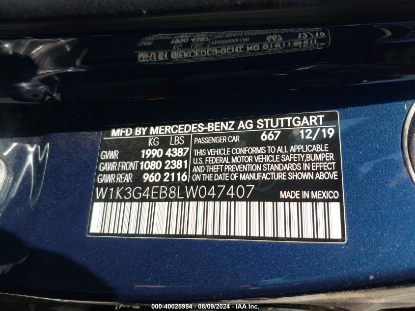 2020 Mercedes-Benz A 220 VIN: W1K3G4EB8LW047407 Lot: 40025954