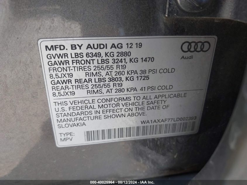 2020 Audi Q7 Premium 55 Tfsi Quattro Tiptronic VIN: WA1AXAF77LD002393 Lot: 40025964