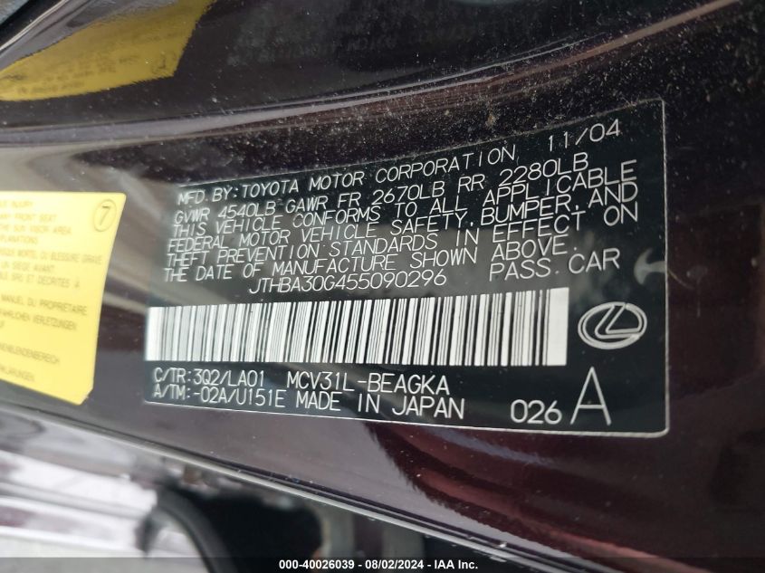 2005 Lexus Es 330 VIN: JTHBA30G455090296 Lot: 40026039