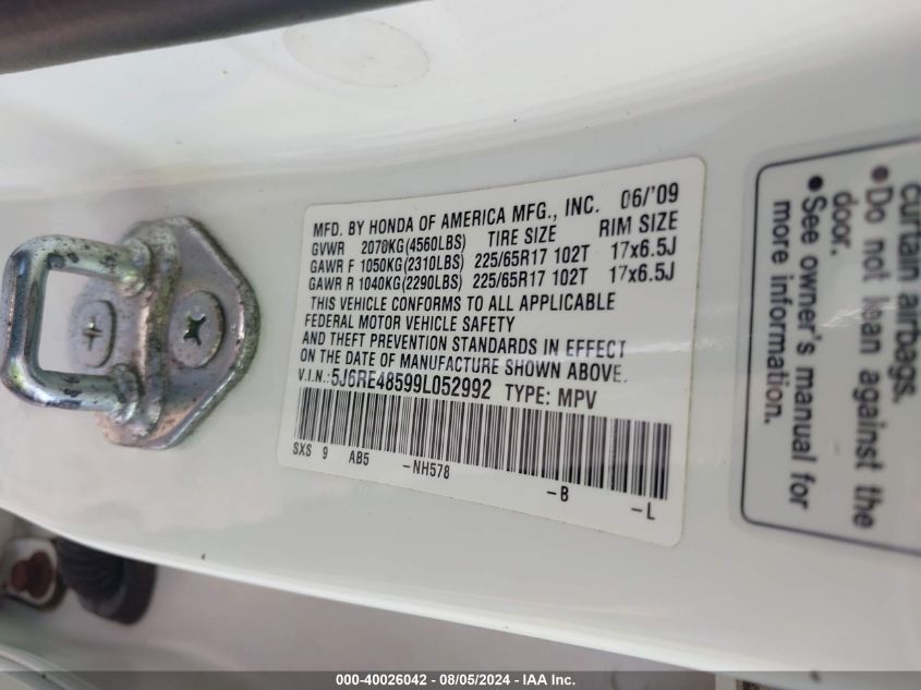 2009 Honda Cr-V Ex VIN: 5J6RE48599L052992 Lot: 40026042