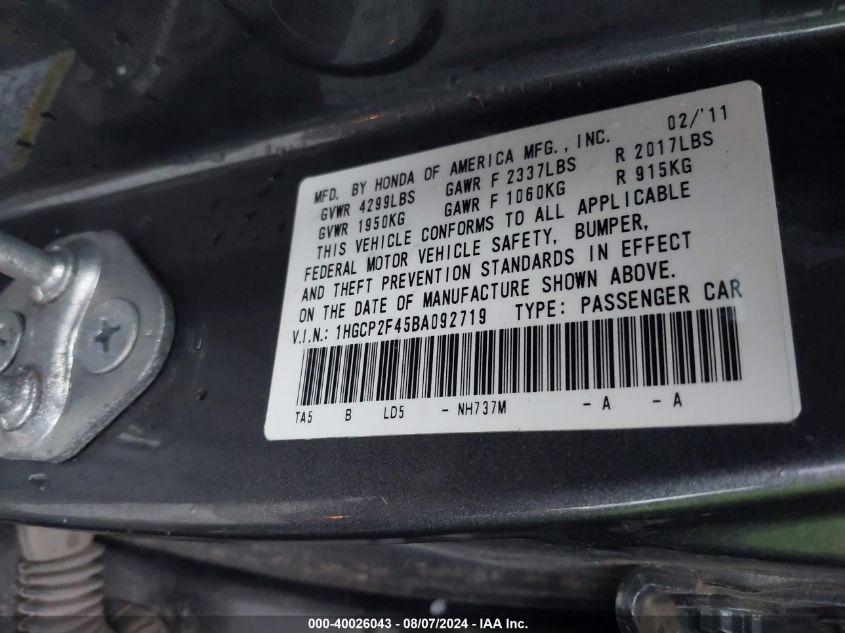 1HGCP2F45BA092719 | 2011 HONDA ACCORD