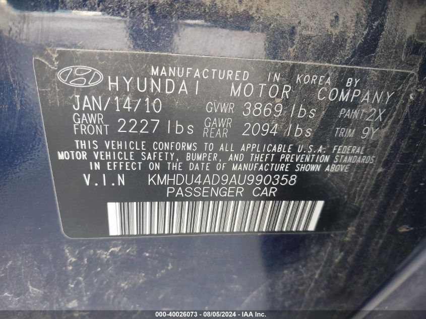 2010 Hyundai Elantra Gls VIN: KMHDU4AD9AU990358 Lot: 40026073