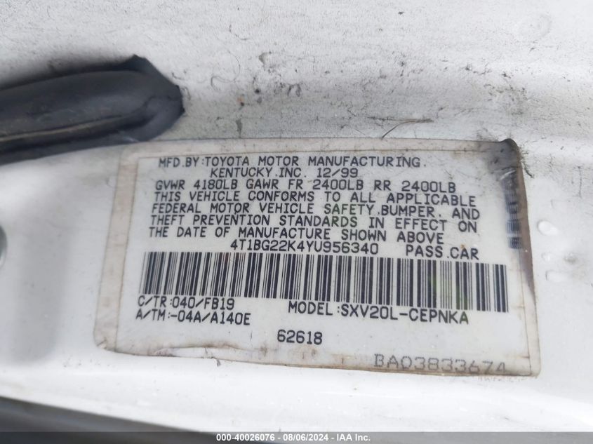 2000 Toyota Camry Le VIN: 4T1BG22K4YU956340 Lot: 40026076