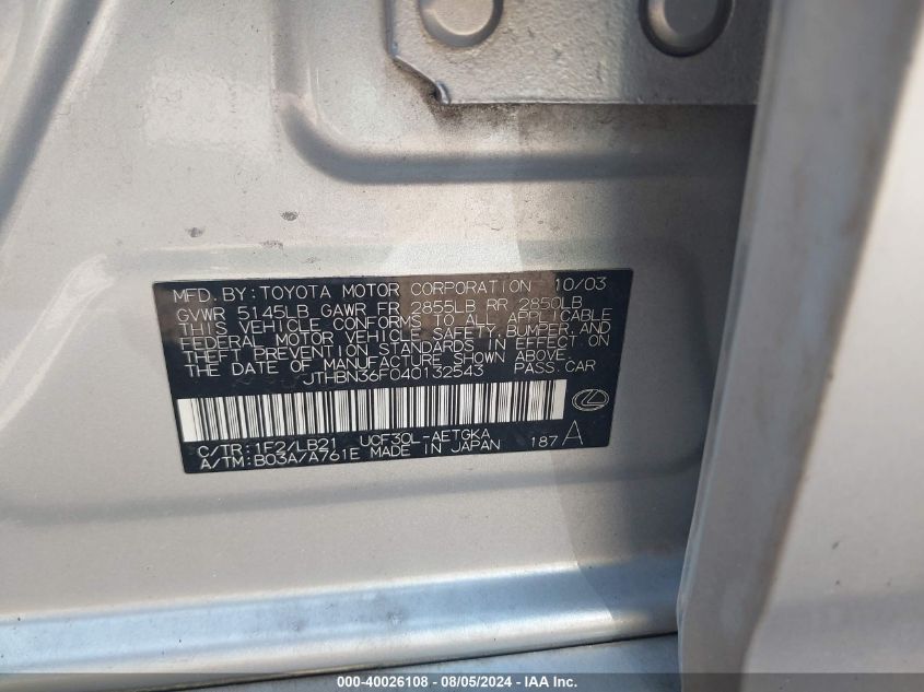 2004 Lexus Ls 430 VIN: JTHBN36F040132543 Lot: 40026108