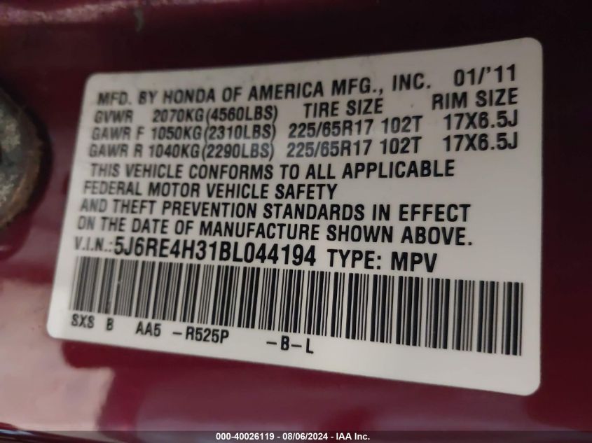 2011 Honda Cr-V Lx VIN: 5J6RE4H31BL044194 Lot: 40026119