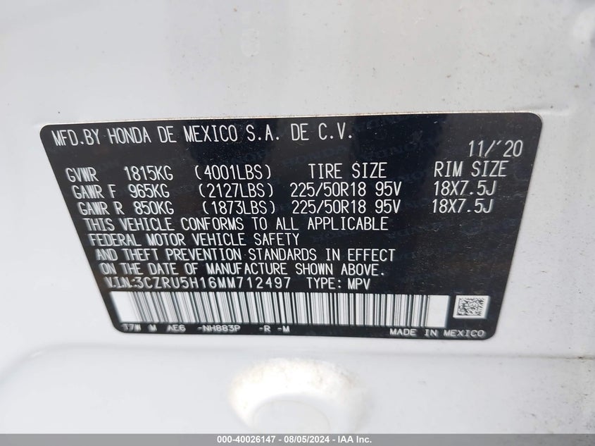 VIN 3CZRU5H16MM712497 2021 HONDA HR-V 2WD SPORT