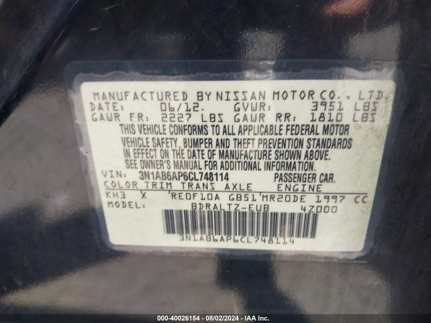 2012 Nissan Sentra 2.0 Sr VIN: 3N1AB6AP6CL748114 Lot: 40026154