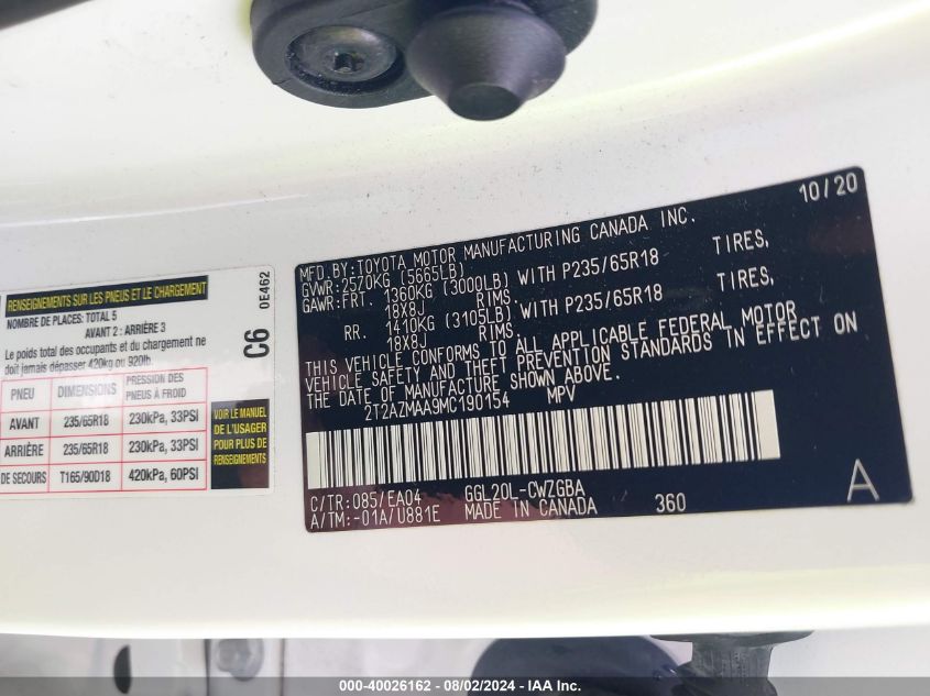 2021 Lexus Rx 350 VIN: 2T2AZMAA9MC190154 Lot: 40026162