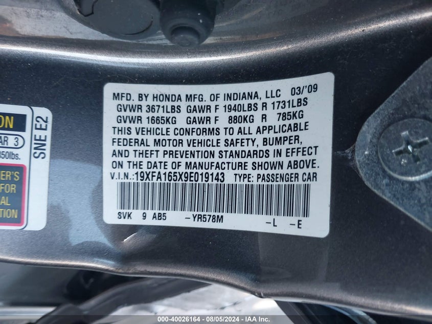 2009 Honda Civic Lx VIN: 19XFA165X9E019143 Lot: 40026164
