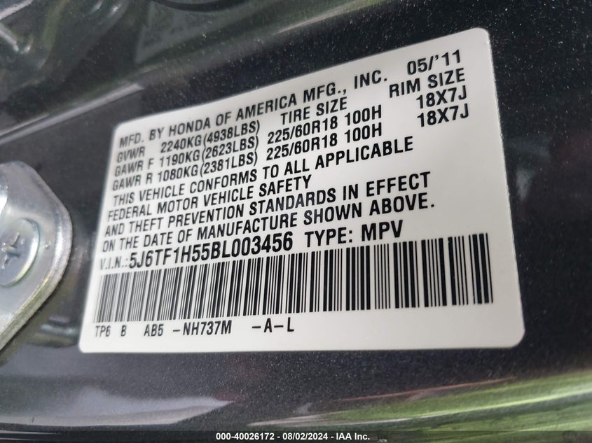 2011 Honda Accord Crosstour Ex-L VIN: 5J6TF1H55BL003456 Lot: 40026172