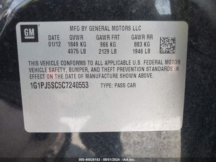 2012 Chevrolet Cruze Eco VIN: 1G1PJ5SC5C7240553 Lot: 40026183