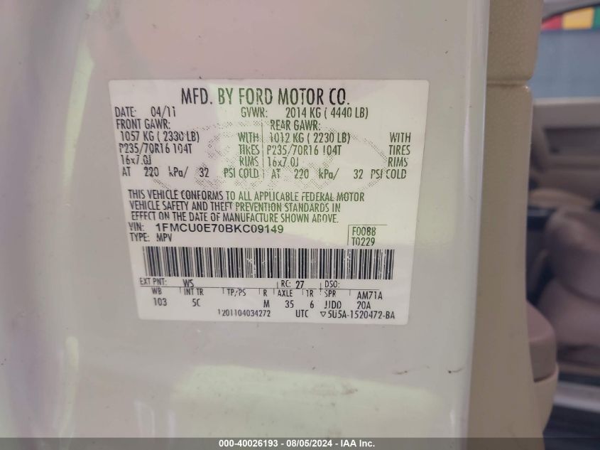 2011 Ford Escape Limited VIN: 1FMCU0E70BKC09149 Lot: 40026193