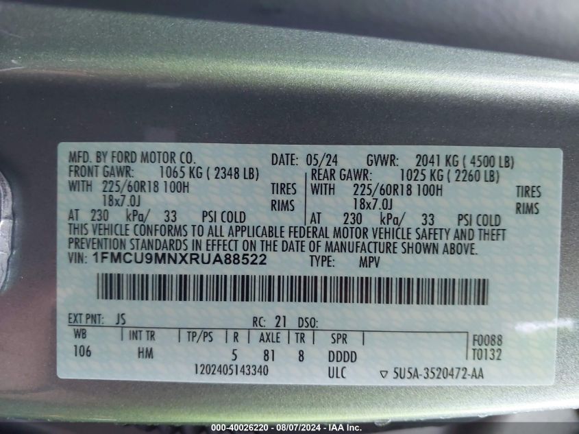 2024 Ford Escape St-Line VIN: 1FMCU9MNXRUA88522 Lot: 40026220