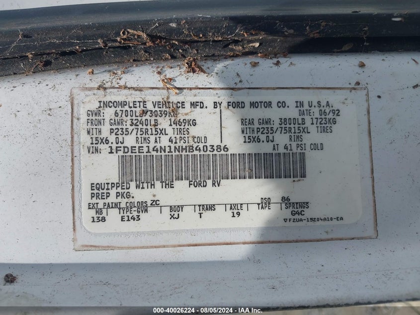 1992 Ford Econoline E150 Van VIN: 1FDEE14N1NHB40386 Lot: 40026224