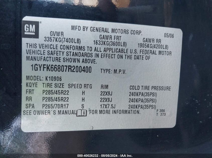 1GYFK66807R200400 2007 Cadillac Escalade Esv Standard