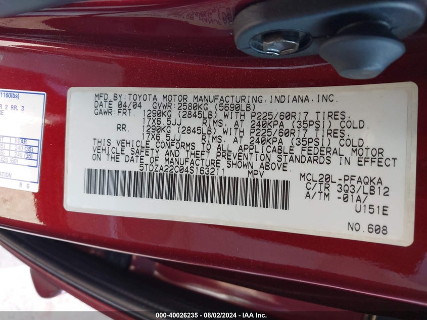 2004 Toyota Sienna Xle Limited VIN: 5TDZA22C04S163211 Lot: 40026235