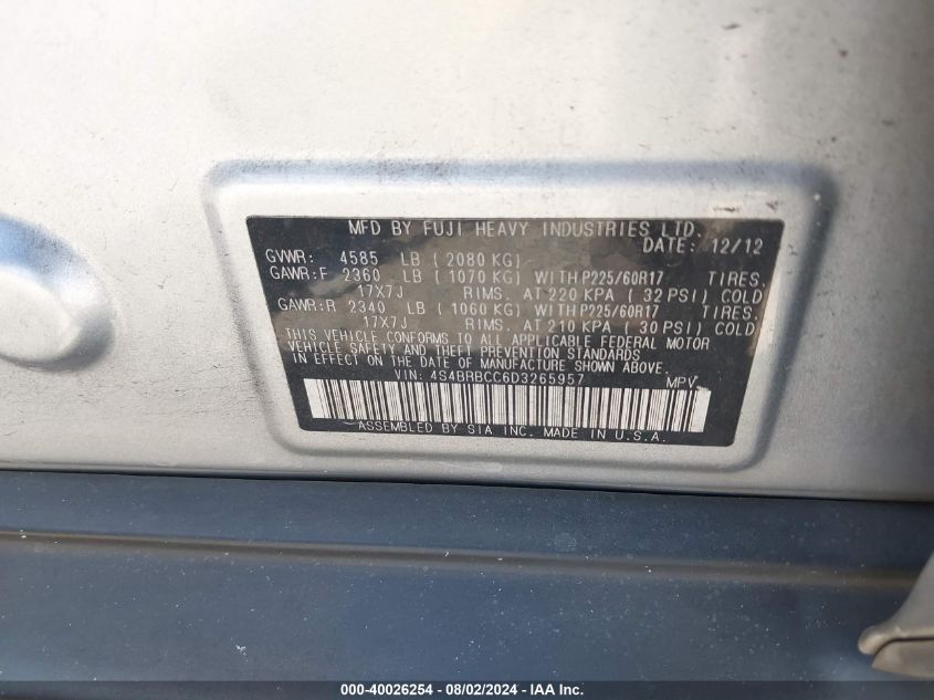 2013 Subaru Outback 2.5I Premium VIN: 4S4BRBCC6D3265957 Lot: 40026254