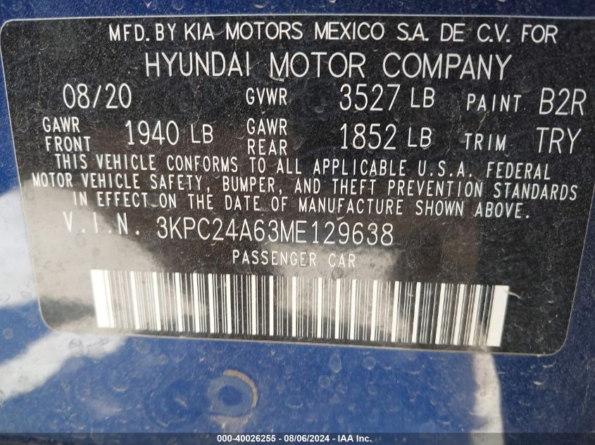 2021 Hyundai Accent Se VIN: 3KPC24A63ME129638 Lot: 40026255