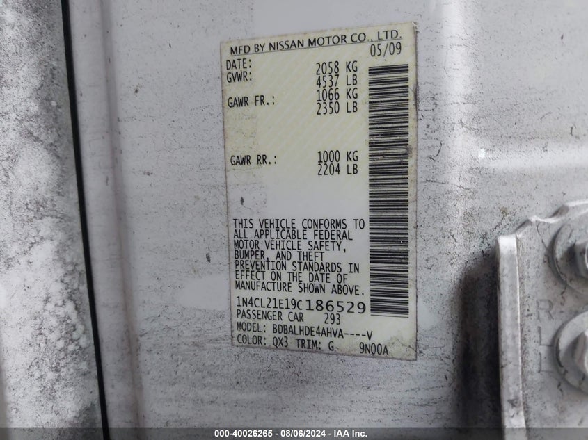 2009 Nissan Altima Hybrid Hybrid VIN: 1N4CL21E19C186529 Lot: 40026265