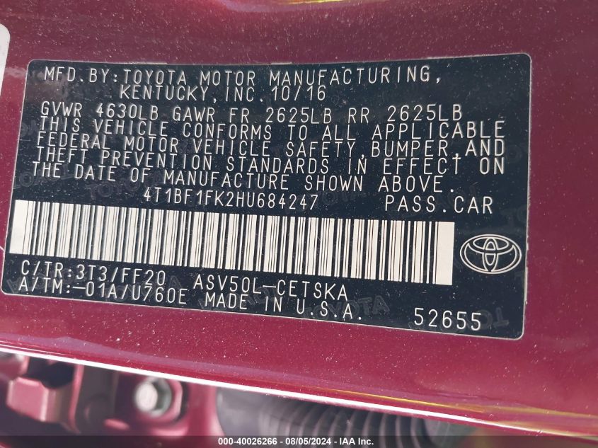 4T1BF1FK2HU684247 2017 Toyota Camry Se