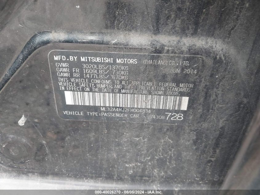 ML32A4HJ2FH004834 2015 Mitsubishi Mirage Es/Rf