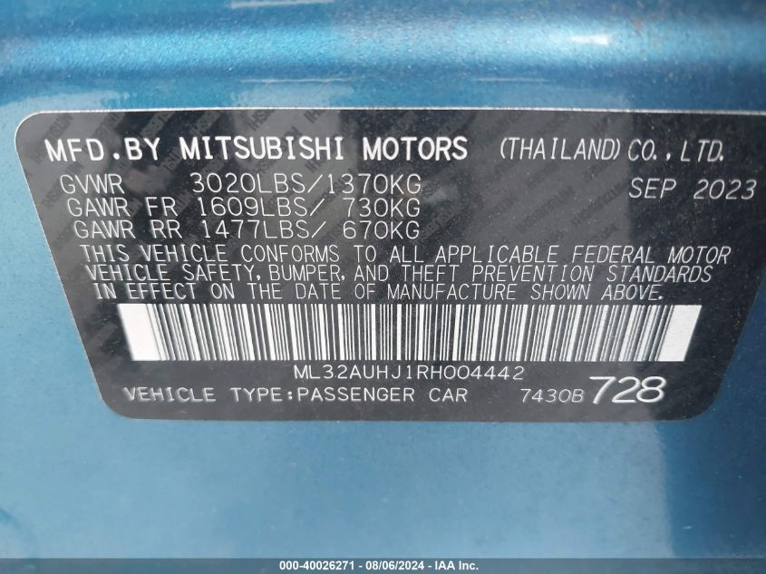 2024 Mitsubishi Mirage Es/Le VIN: ML32AUHJ1RH004442 Lot: 40026271