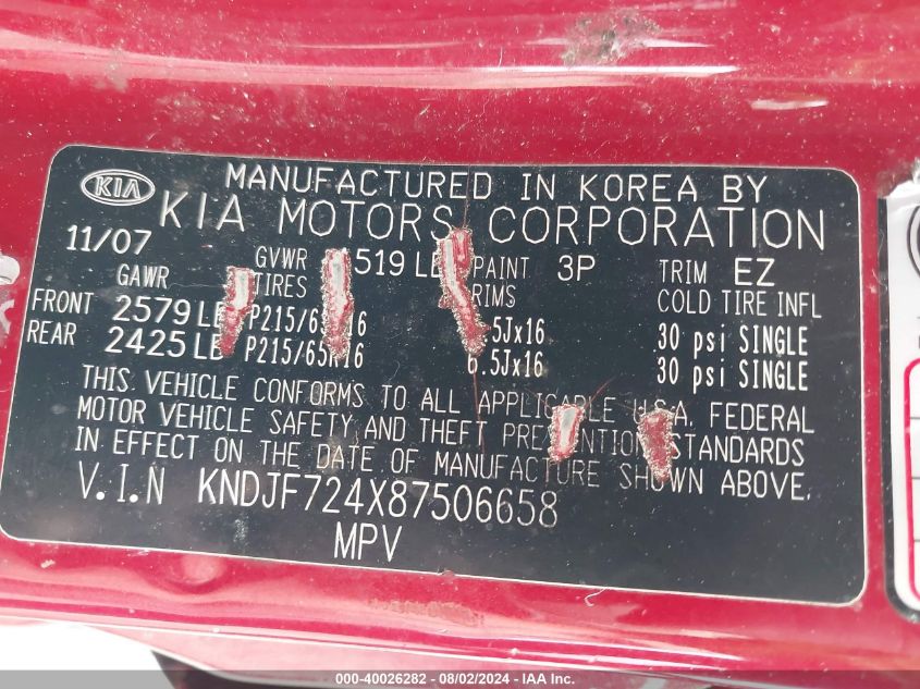 2008 Kia Sportage Lx VIN: KNDJF724X87506658 Lot: 40026282