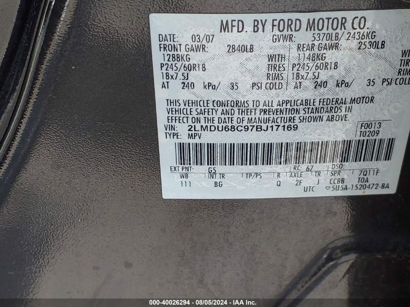 2007 Lincoln Mkx VIN: 2LMDU68C97BJ17169 Lot: 40026294