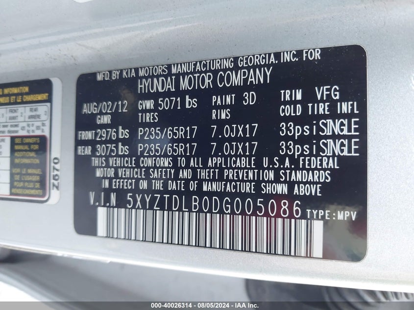 2013 Hyundai Santa Fe Sport VIN: 5XYZTDLB0DG005086 Lot: 40026314