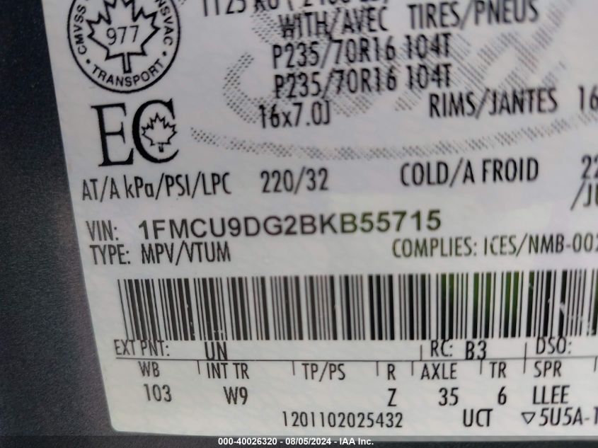 2011 Ford Escape Xlt Automatic VIN: 1FMCU9DG2BKB55715 Lot: 40026320