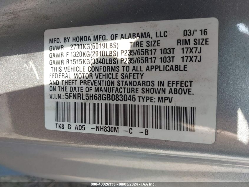 VIN 5FNRL5H68GB083046 2016 HONDA ODYSSEY no.9