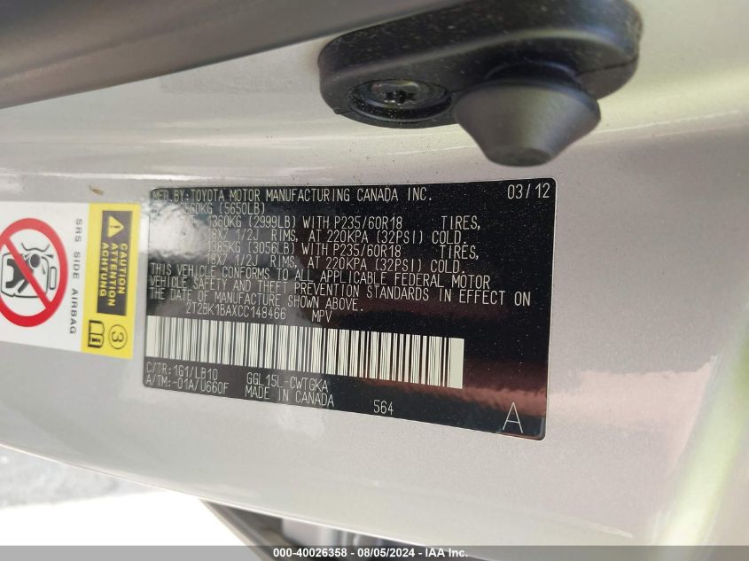 2012 Lexus Rx 350 VIN: 2T2BK1BAXCC148466 Lot: 40026358