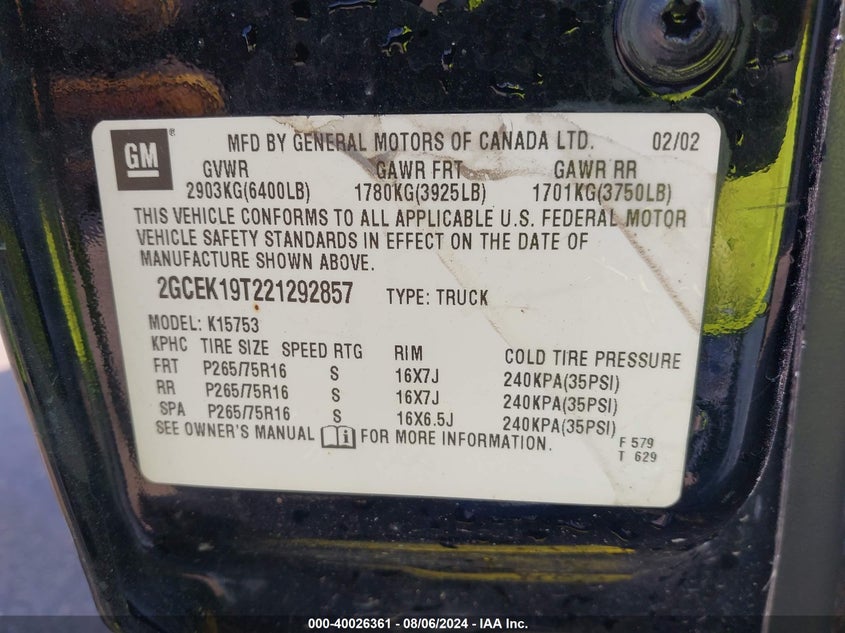 2002 Chevrolet Silverado 1500 Ls VIN: 2GCEK19T221292857 Lot: 40026361
