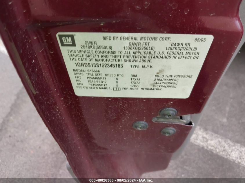 2005 Chevrolet Trailblazer Ls VIN: 1GNDS13S152345183 Lot: 40026363