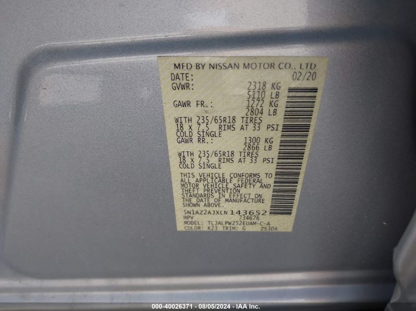 2020 Nissan Murano S VIN: 5N1AZ2AJXLN143652 Lot: 40026371