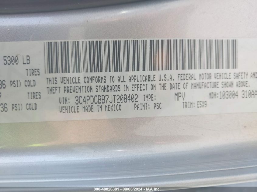 2018 Dodge Journey Sxt VIN: 3C4PDCBB7JT208402 Lot: 40026381