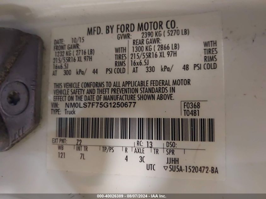 2016 Ford Transit Connect Xlt VIN: NM0LS7F75G1250677 Lot: 40026389