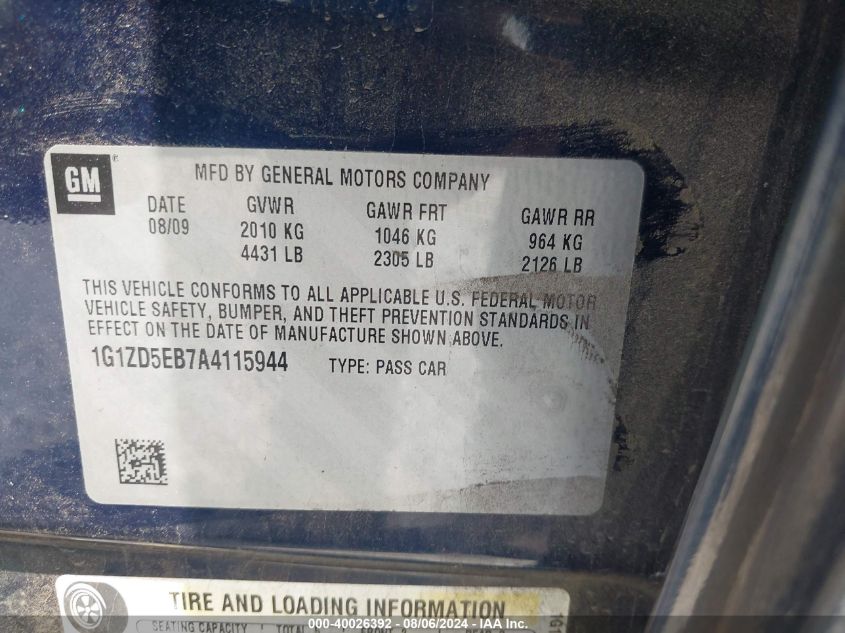 2010 Chevrolet Malibu Lt VIN: 1G1ZD5EB7A4115944 Lot: 40026392