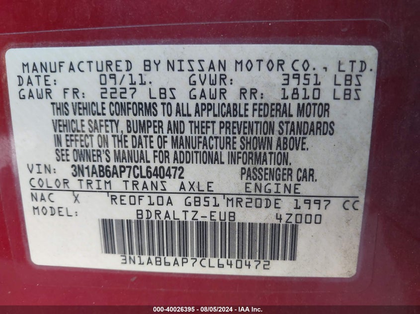 2012 Nissan Sentra 2.0/2.0S/Sr/2.0Sl VIN: 3N1AB6AP7CL640472 Lot: 40026395