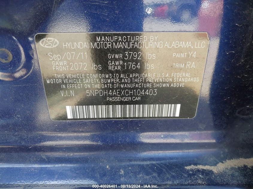 2012 Hyundai Elantra Limited VIN: 5NPDH4AEXCH104403 Lot: 40026401